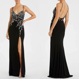 Mac Duggal Black Multi Color Beaded Floral Cami Gown #42006 Sz 6 NWT